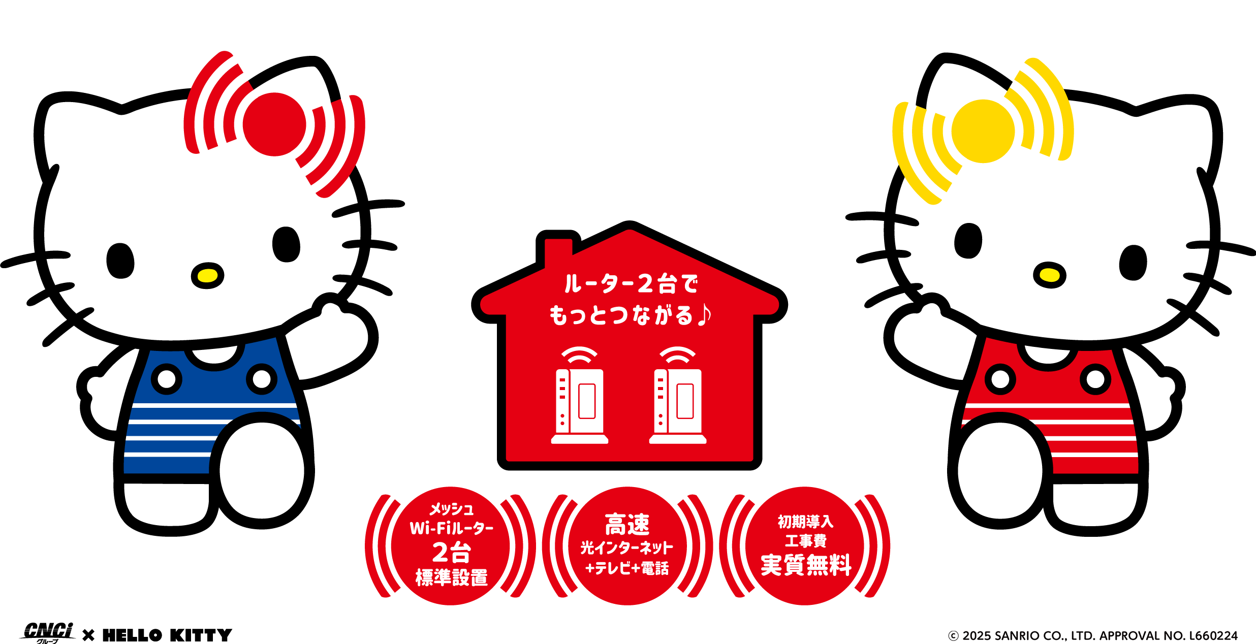 ルーター2台でもっとつながる♪ メッシュWi-Fiルーター2台標準設置 高速光インターネット+テレビ+電話 初期導入工事費実質無料 CNCiグループ × HELLO KITTY ©2024 SANRIO CO., LTD. APPROVAL NO. L648190